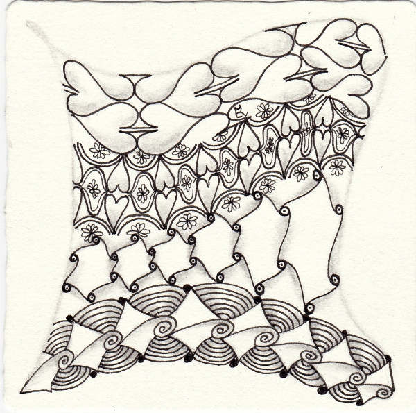 Ein Zentangle aus den Mustern Heart S, Hexicat, Kollide, Lovely Blooms gezeichnet von Ela Rieger, CZT