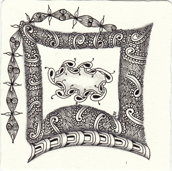Ein Zentangle aus den Mustern Paizel, Twistine, Nurkley, Piza gezeichnet von Ela Rieger, CZT
