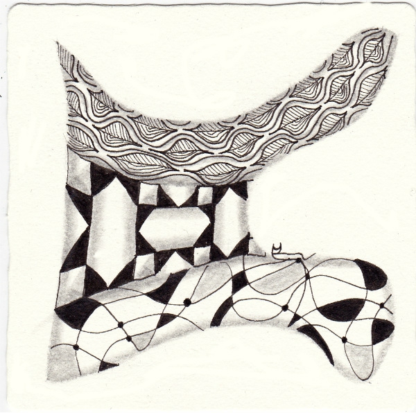 Ein Zentangle aus den Mustern Maisie, Mills n  Boats, Neuron,  gezeichnet von Ela Rieger, CZT