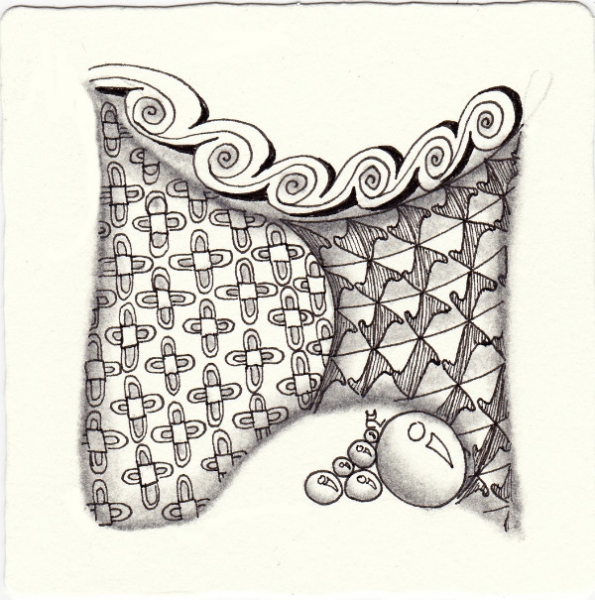 Ein Zentangle aus den Mustern Sudz, Zola, InWave, Lox gezeichnet von Ela Rieger, CZT