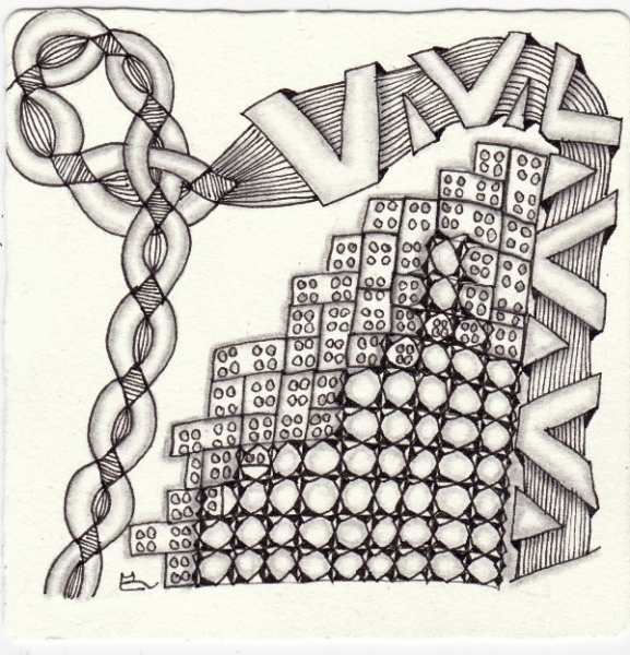 Ein Zentangle aus den Mustern Leggo, Claws, Blink, Diamantbee gezeichnet von Ela Rieger, CZT