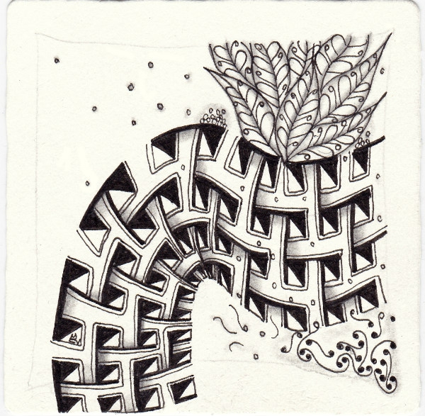 Ein Zentangle aus den Mustern Noodlz, Tleaf, Kuba,  gezeichnet von Ela Rieger, CZT