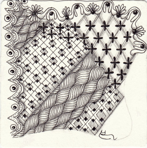 Ein Zentangle aus den Mustern Boxed Up, Egg Shell, Feston, Groovy gezeichnet von Ela Rieger, CZT