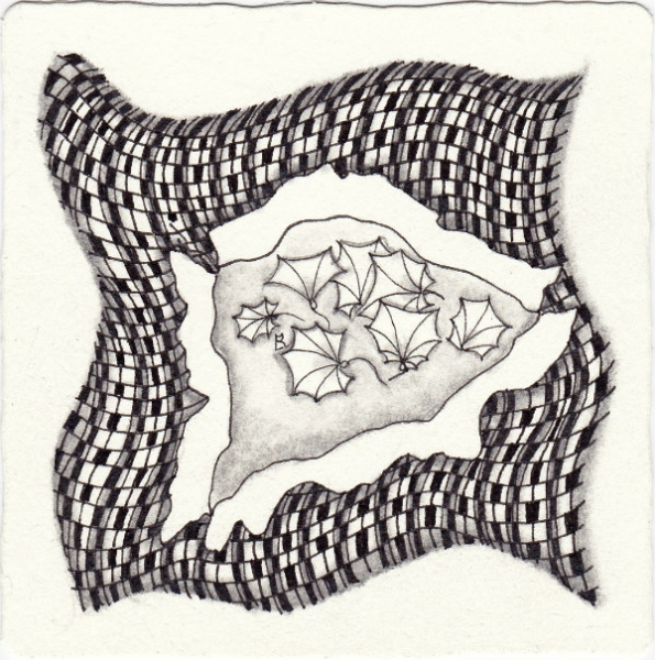 Ein Zentangle aus den Mustern Kuschl, Morning Glories, Tore Up,  gezeichnet von Ela Rieger, CZT