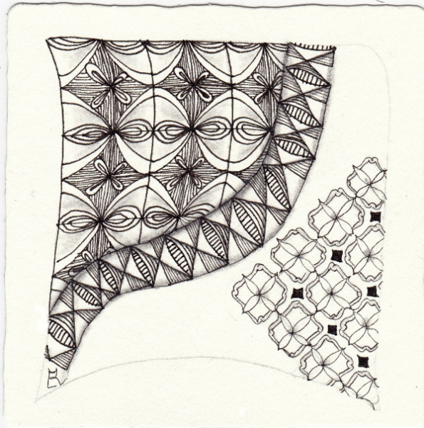 Ein Zentangle aus den Mustern Curly Braces Too, Piont the Way, Tilda,  gezeichnet von Ela Rieger, CZT
