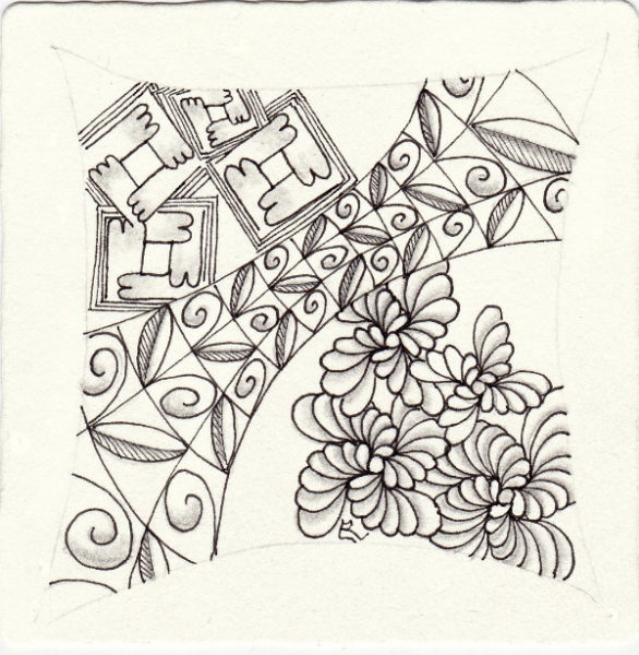 Ein Zentangle aus den Mustern Damya, Showgirl, Telis,  gezeichnet von Ela Rieger, CZT