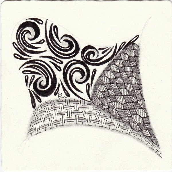 Ein Zentangle aus den Mustern Exed, Gnarly, Hi,  gezeichnet von Ela Rieger, CZT