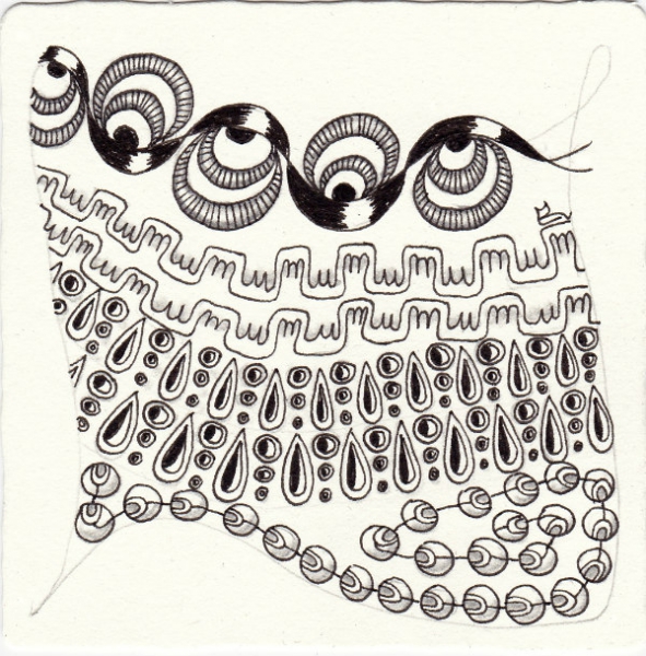 Ein Zentangle aus den Mustern Rain, Sleepy Eye, Snircles, Wiffles gezeichnet von Ela Rieger, CZT