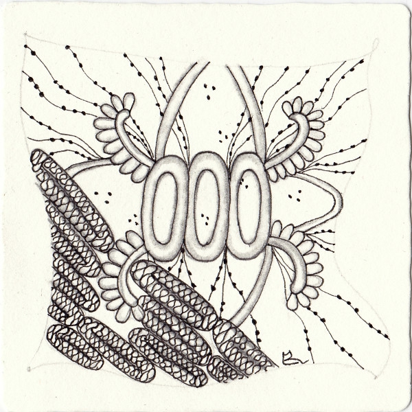 Ein Zentangle aus den Mustern Beadlines, Nimrud, Ruffles,  gezeichnet von Ela Rieger, CZT