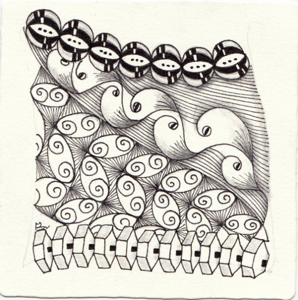 Ein Zentangle aus den Mustern Eazy, Hexachain, Hua, Ipray gezeichnet von Ela Rieger, CZT