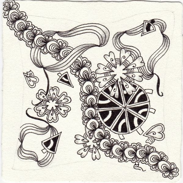 Ein Zentangle aus den Mustern Fancy Nancy, Herzlbee, Jash, Orange-Arc gezeichnet von Ela Rieger, CZT
