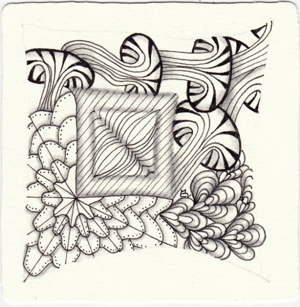 Ein Zentangle aus den Mustern andHop, Betweed Flower, Calipo, D´rua gezeichnet von Ela Rieger, CZT