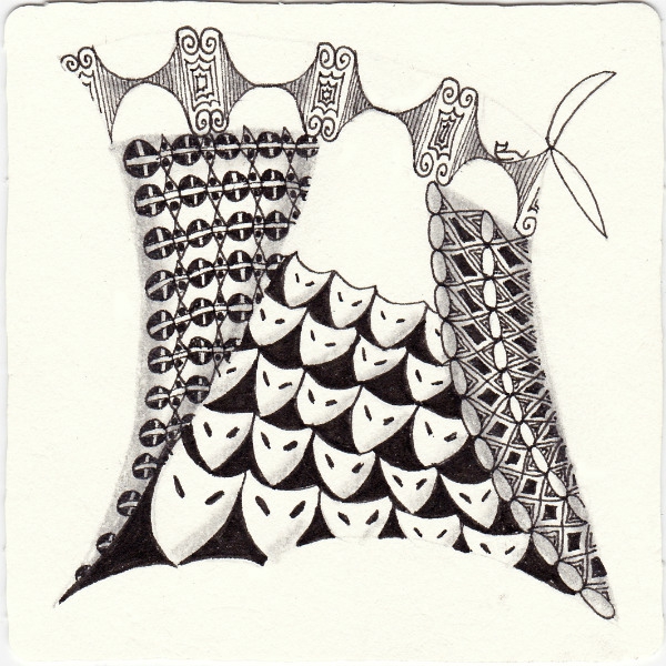 Ein Zentangle aus den Mustern Curly-Q, Kizzmet, Venecia, X-Salad gezeichnet von Ela Rieger, CZT