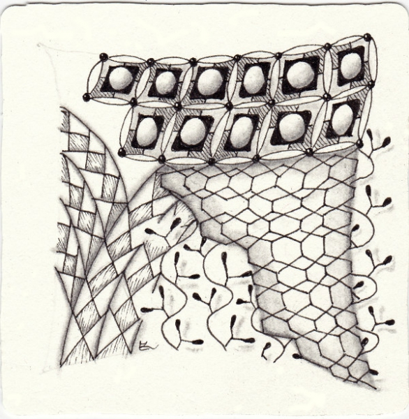 Ein Zentangle aus den Mustern Trazee, Zulu 2, Opera, Sand gezeichnet von Ela Rieger, CZT