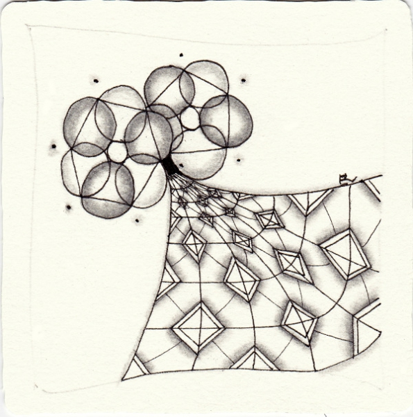Ein Zentangle aus den Mustern Kitchener, Tso, ,  gezeichnet von Ela Rieger, CZT