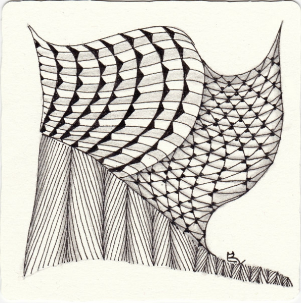 Ein Zentangle aus den Mustern Voga, Tips, Tri-bine,  gezeichnet von Ela Rieger, CZT