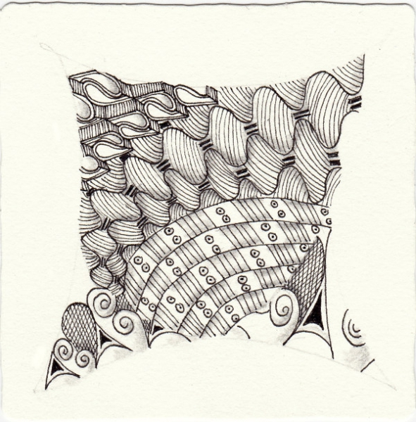 Ein Zentangle aus den Mustern 2N5 , Scrumble, Tunnel of Love, Allusion gezeichnet von Ela Rieger, CZT