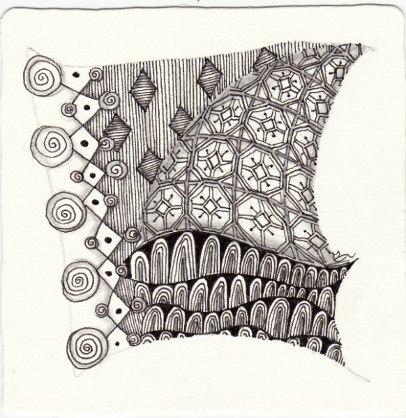 Ein Zentangle aus den Mustern Persian Carpet, Tucson, Bounce, Zuan Shi gezeichnet von Ela Rieger, CZT