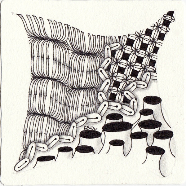 Ein Zentangle aus den Mustern Flared, Mec Mec, Stumpt, U Bend gezeichnet von Ela Rieger, CZT