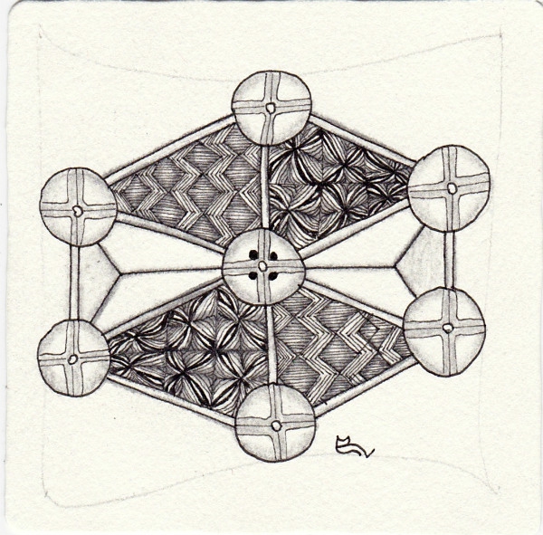 Ein Zentangle aus den Mustern Corkin, Oiiy, Ta-da, Zigbee gezeichnet von Ela Rieger, CZT