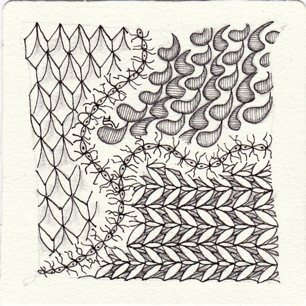 Ein Zentangle aus den Mustern Fuzzy String, Monaghan, Pinie, Tads gezeichnet von Ela Rieger, CZT