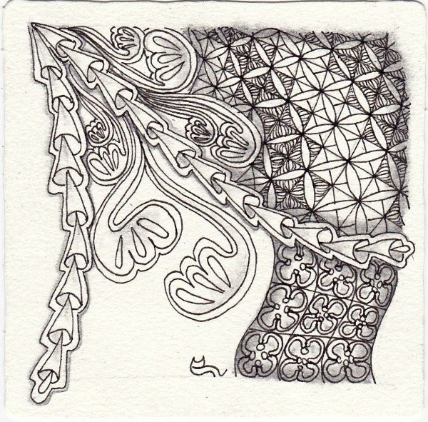 Ein Zentangle aus den Mustern Gingajava, Lola, Puchong, Vercut gezeichnet von Ela Rieger, CZT
