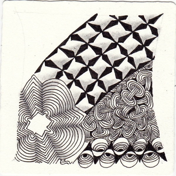 Ein Zentangle aus den Mustern Cheers, Kytez, Roel, Wheelz gezeichnet von Ela Rieger, CZT