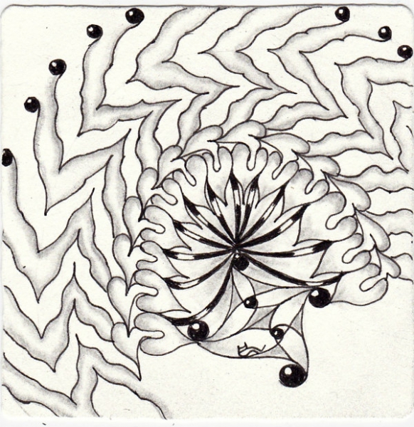 Ein Zentangle aus den Mustern Cadentoo, Florentine, Ondul,  gezeichnet von Ela Rieger, CZT