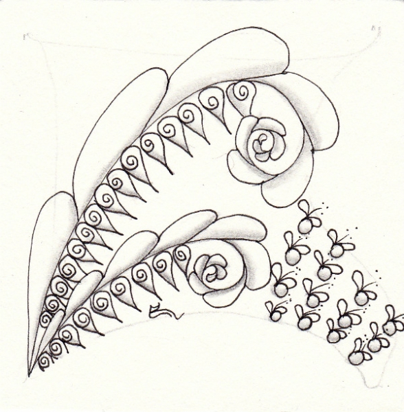 Ein Zentangle aus den Mustern Budlite, Fricle, Keimling,  gezeichnet von Ela Rieger, CZT