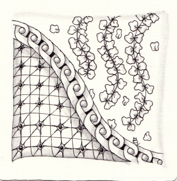 Ein Zentangle aus den Mustern Nulink, Sprigs, Xplo Zen,  gezeichnet von Ela Rieger, CZT