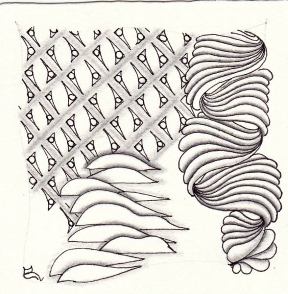 Ein Zentangle aus den Mustern Dwaveb, L Zen 7s, Ruffel,  gezeichnet von Ela Rieger, CZT