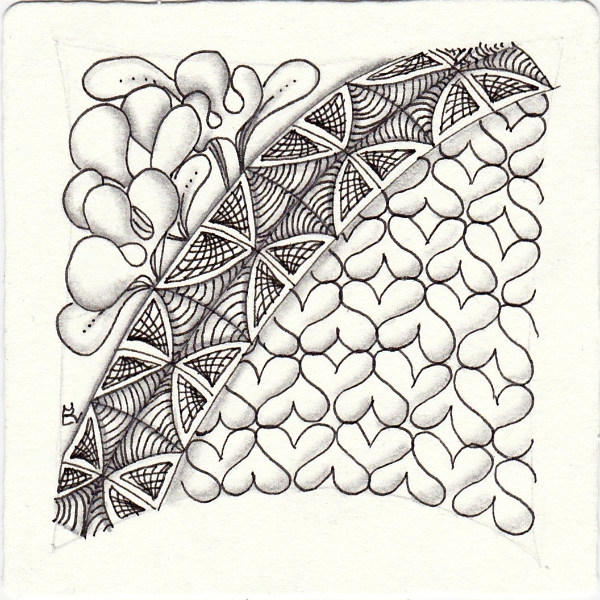 Ein Zentangle aus den Mustern Esses, Longtude, Skwim,  gezeichnet von Ela Rieger, CZT