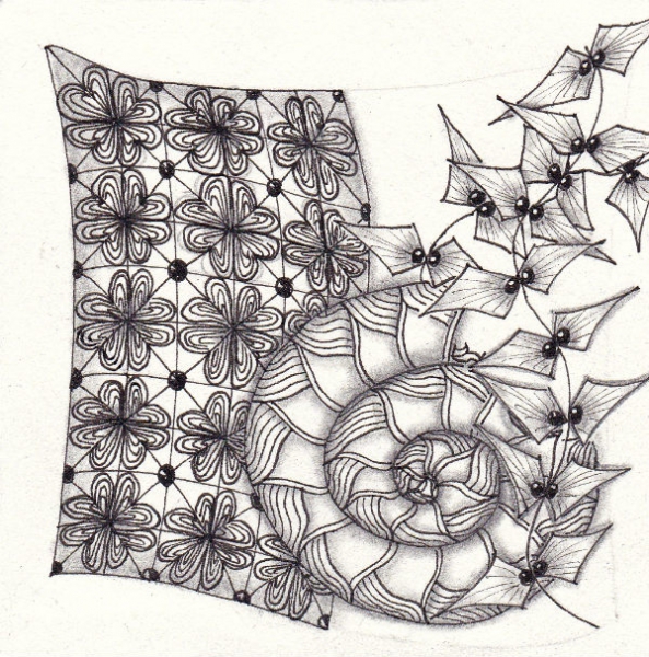 Ein Zentangle aus den Mustern Bumpkenz, Lealap, Lexi,  gezeichnet von Ela Rieger, CZT