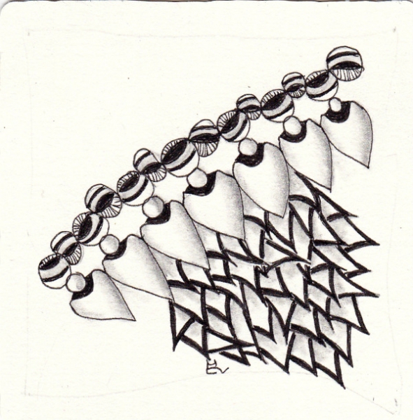 Ein Zentangle aus den Mustern Balance, S pots, Tri-Bee,  gezeichnet von Ela Rieger, CZT