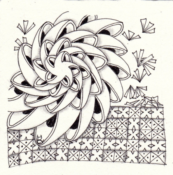 Ein Zentangle aus den Mustern Schnucki-bee-Doo, Triadz, Warangaie,  gezeichnet von Ela Rieger, CZT