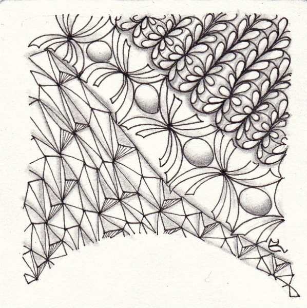 Ein Zentangle aus den Mustern Splitter, Uni, X-ess,  gezeichnet von Ela Rieger, CZT
