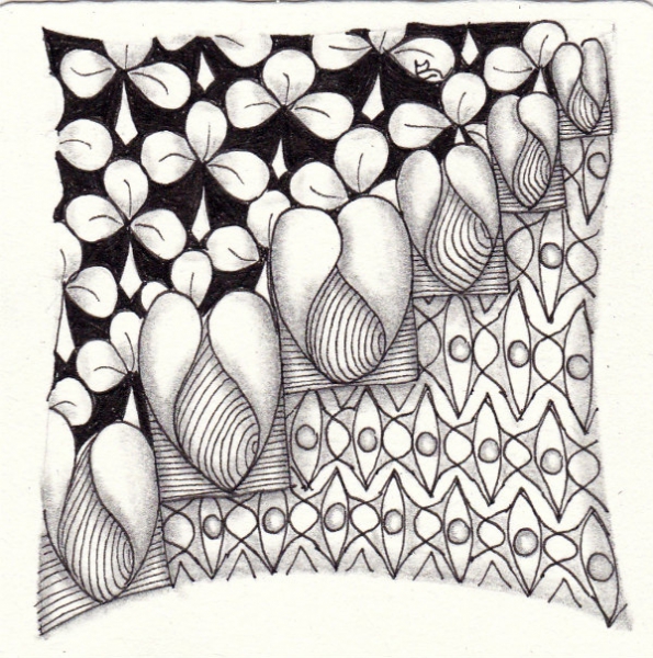 Ein Zentangle aus den Mustern Bawballs, Lucky, Whirlee,  gezeichnet von Ela Rieger, CZT