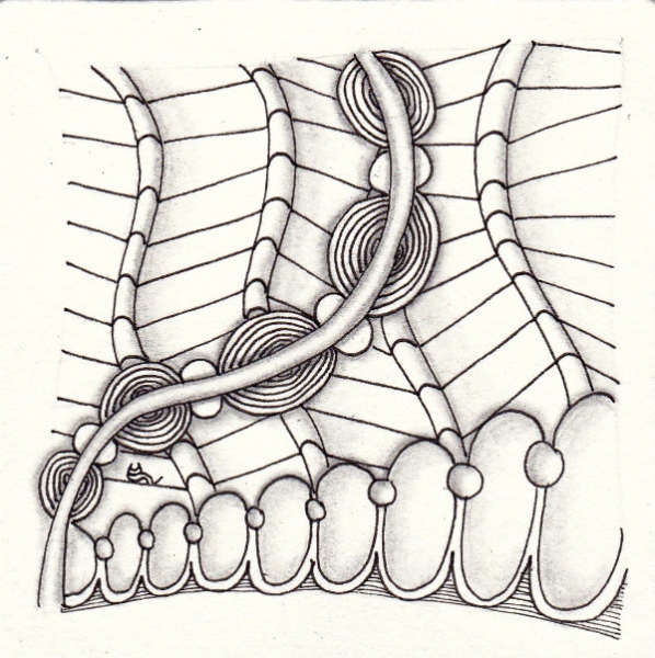 Ein Zentangle aus den Mustern Egg and I, Tile Roof Top, Warts and Wobbles,  gezeichnet von Ela Rieger, CZT