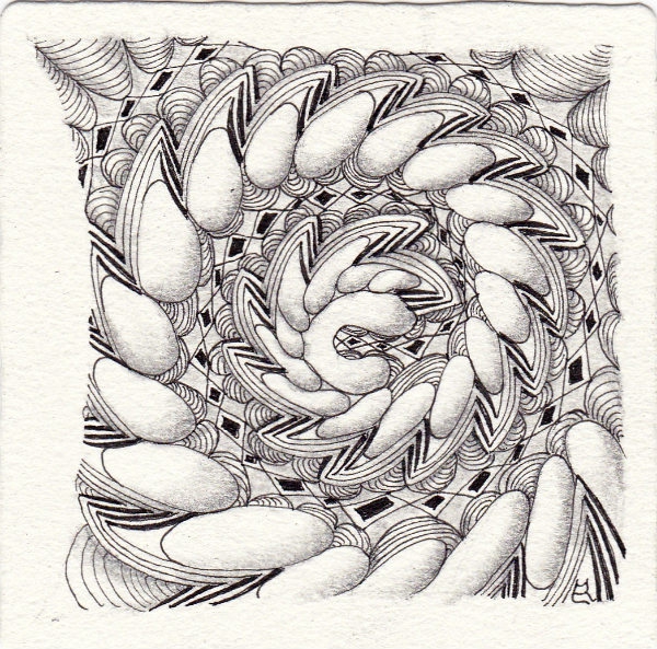 Ein Zentangle aus den Mustern DiamondX, Ringz, Staura,  gezeichnet von Ela Rieger, CZT