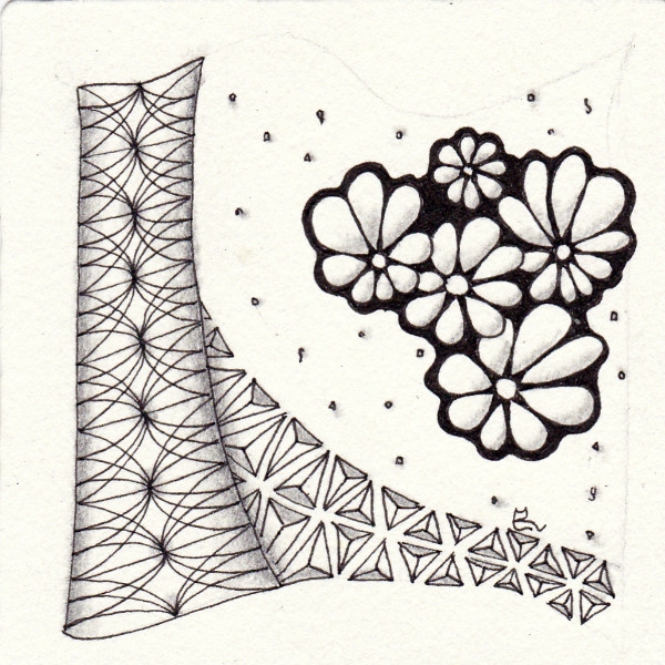 Ein Zentangle aus den Mustern Bermuda, Jems, Spiro,  gezeichnet von Ela Rieger, CZT