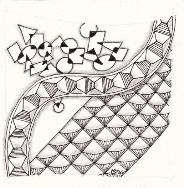 Ein Zentangle aus den Mustern Tucked In, Veezley, Woodlock,  gezeichnet von Ela Rieger, CZT