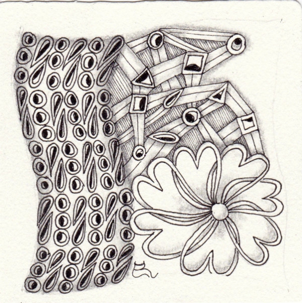 Ein Zentangle aus den Mustern Hail, Heart Wrap, Strata,  gezeichnet von Ela Rieger, CZT