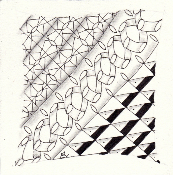 Ein Zentangle aus den Mustern Contacted, Tast, Wimpel,  gezeichnet von Ela Rieger, CZT