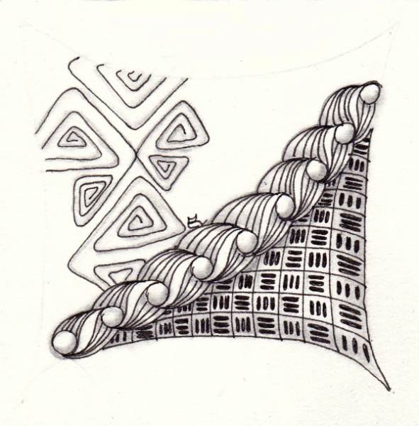 Ein Zentangle aus den Mustern Buzzal, Greeka, Whistler,  gezeichnet von Ela Rieger, CZT