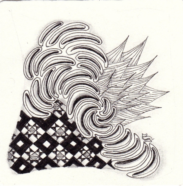 Ein Zentangle aus den Mustern Molygon, Vikky, Zailz,  gezeichnet von Ela Rieger, CZT