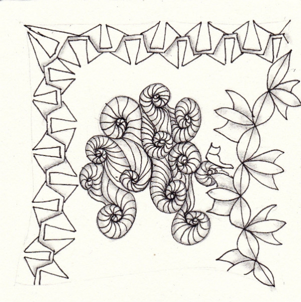Ein Zentangle aus den Mustern Autumnal, Kraky, Ohana,  gezeichnet von Ela Rieger, CZT