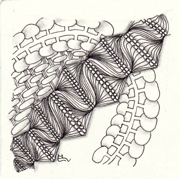 Ein Zentangle aus den Mustern Allee, Loave It, Segundo,  gezeichnet von Ela Rieger, CZT