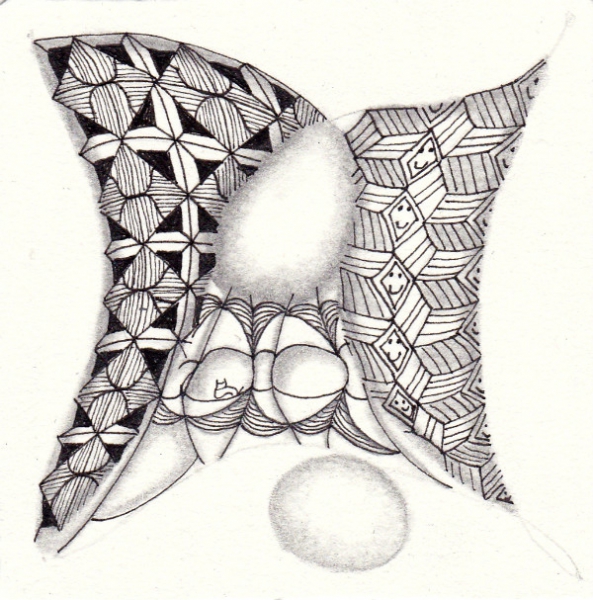 Ein Zentangle aus den Mustern Triaxal, V-Lampz, Zanella,  gezeichnet von Ela Rieger, CZT