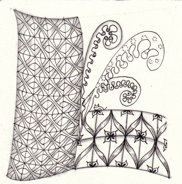 Ein Zentangle aus den Mustern Fern, B'twined, Jasmin,  gezeichnet von Ela Rieger, CZT