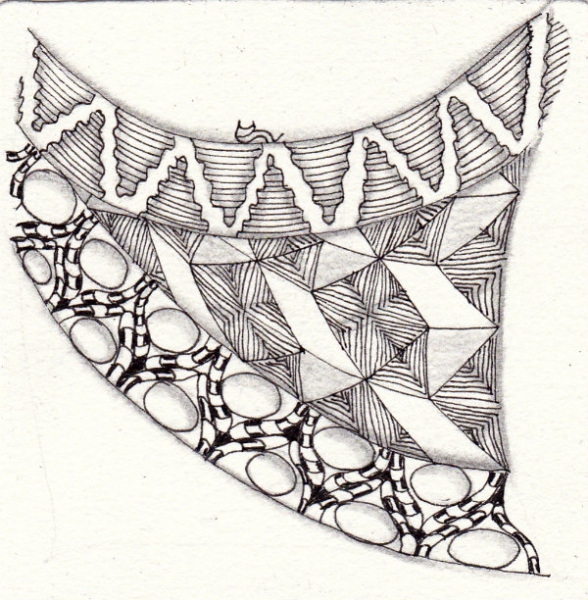 Ein Zentangle aus den Mustern Rautyflex, Copada, Fang,  gezeichnet von Ela Rieger, CZT